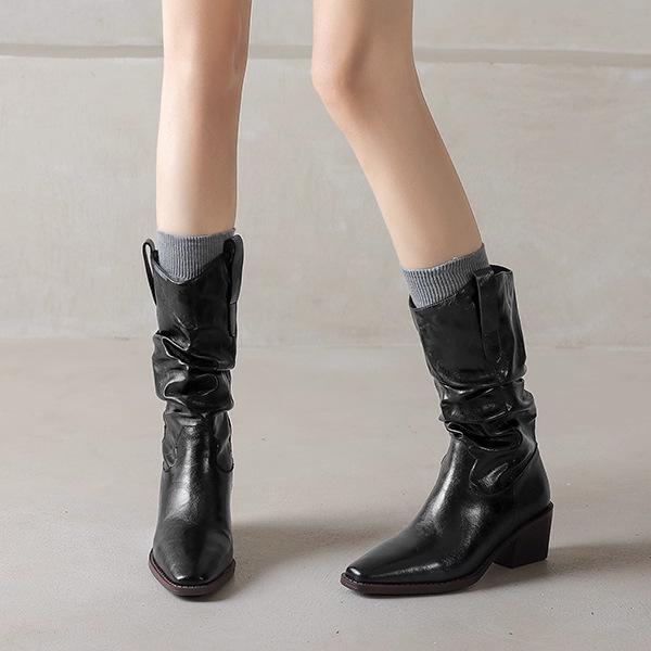 Maillard style leather short boots women's autumn and winter boots stacking boots medium boots knight boots thick heel western cowboy boots