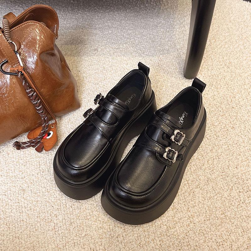 

Thick-soled black small leather shoes women s 2025 spring and autumn new retro British style round head muffin bottom loafers women s single shoes 35 чёрный