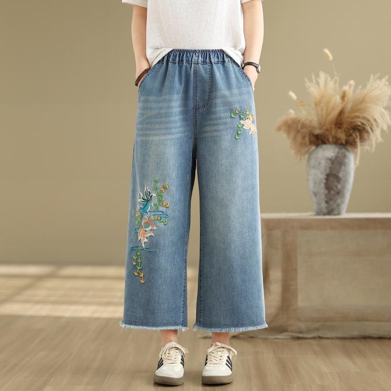 Артистичные Ретро Тяжелая Промышленность Вышитые Джинсовые Широкие Брюки Весна Лето Женские Свободная Талия Повседневные Девятиточечные Джинсы M