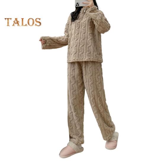 2-teiliges Winter-Pyjama-Set für Unisex, Stehkragen, einfarbig, Reißverschluss, verdicktes Korallenvlies, Homewear, Mantel, Hosen-Set, lockere Loungewear, Nachtwäsche