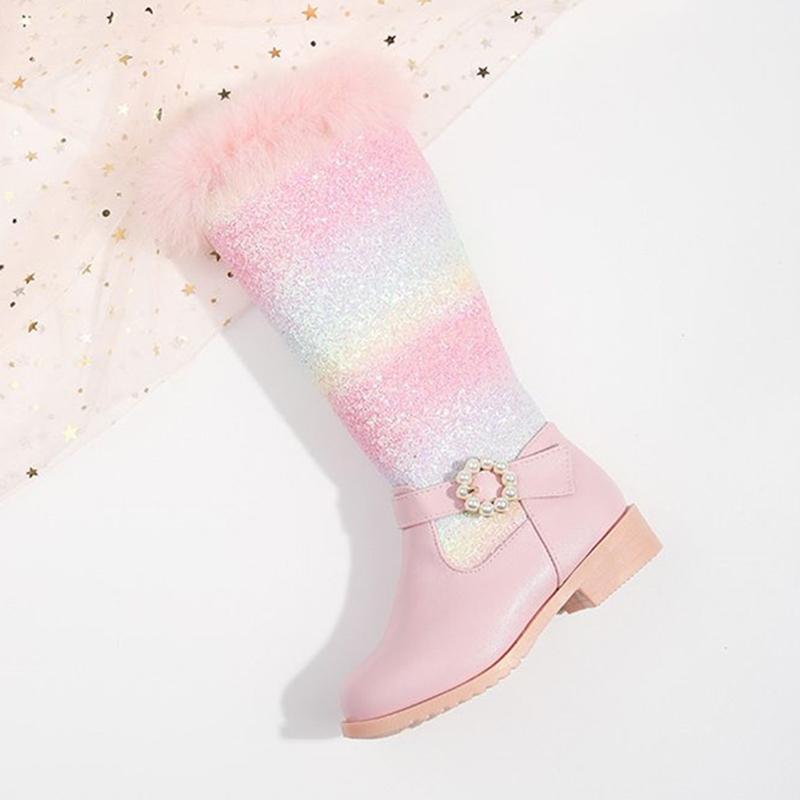 2025 New Autumn Winter Girls Rainbow Princess Fashion Children Pink Boots Knee Length Boots Plush Fur Girls Shoes