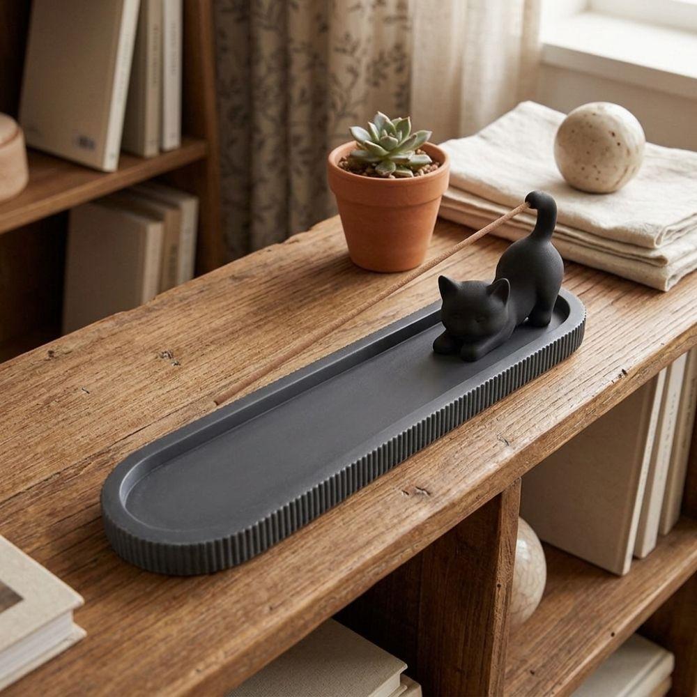 Zen Style Black Cat Incense Stick Holder Mobile Cat Incense Burner with Ash Catcher  Yoga Room