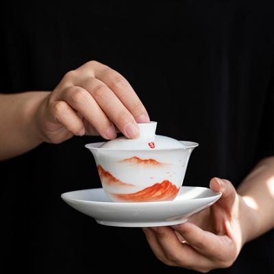 Taza de Té Sancai de Porcelana Blanca Cerámica Pintada a Mano Gaiwan Bol para Preparar Té Kung Fu Chino Set Retro para Ceremonia del Té Sopera Vajilla de Té