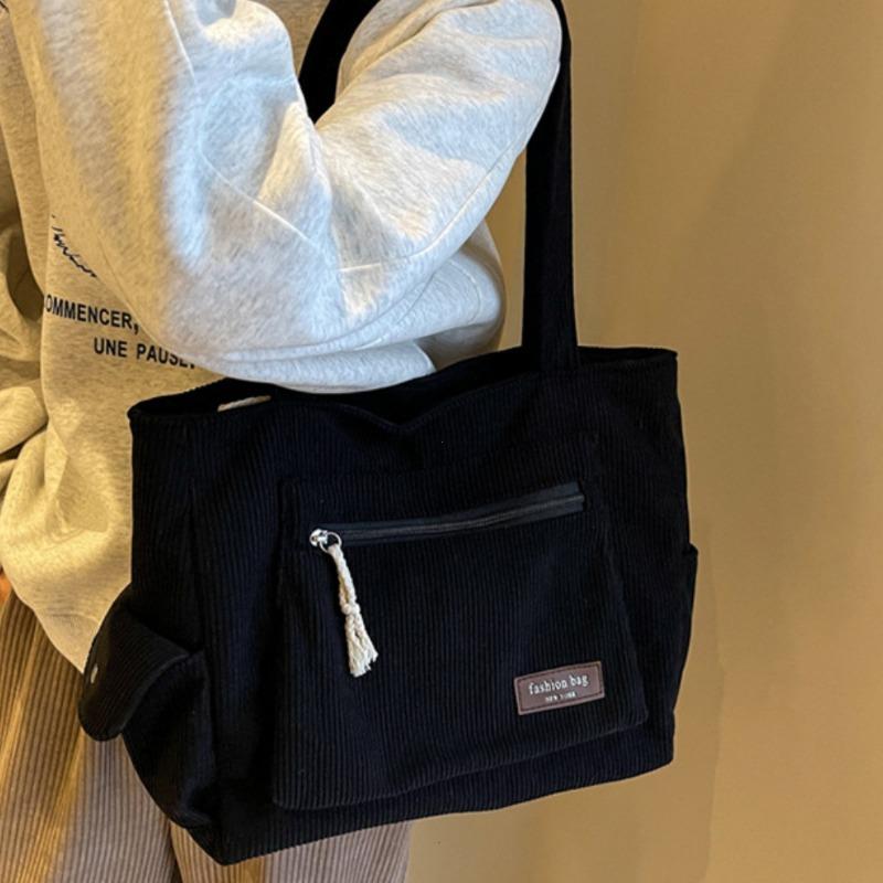 Simple Corduroy Tote Bag, Solid Color Shoulder Bag, Retro Multi Pockets Handbag for School Work Shopping Tote Bags for Women