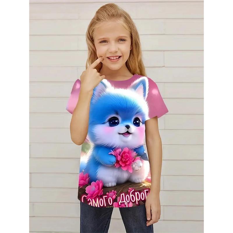 Summer Round Neck 3D Cat Pattern Printed Top Fashionable and Casual Short Sleeved Children's Girl T-shirts