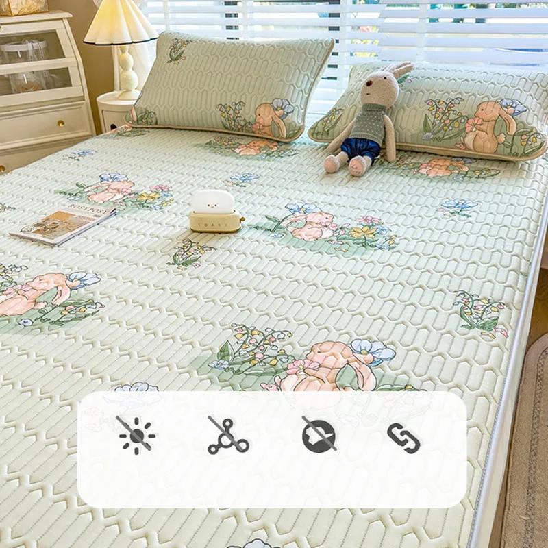 3Pc Summer Natural Latex Cooling Mat Set Cartoon Printed Fitted Sheet With Pillowcase Soft Non Slip Bedding With Elastic Band