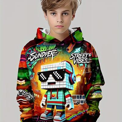 Boys' Fashionable 3D Printed Casual Pullover, Spring and Autumn Long Sleeved Hoodie, Boys' Outdoor Hoodie