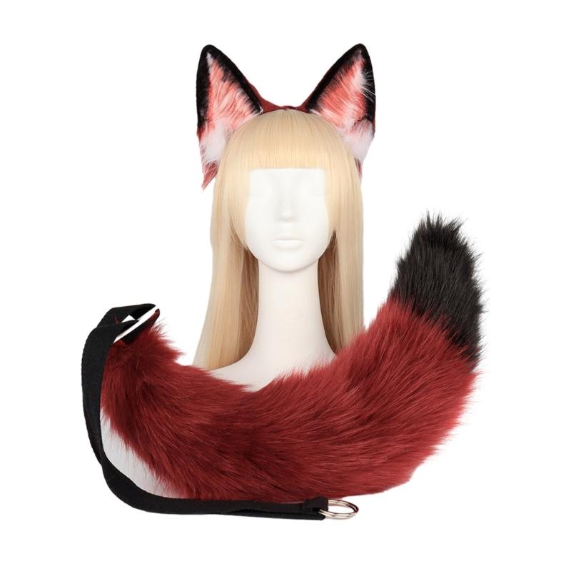 Anime-Cosplay Props Foxes Ears and Tail Set Plush Furry Animal Ears Hairhoop with Foxes Tail Fancy-Dress Party Costumes