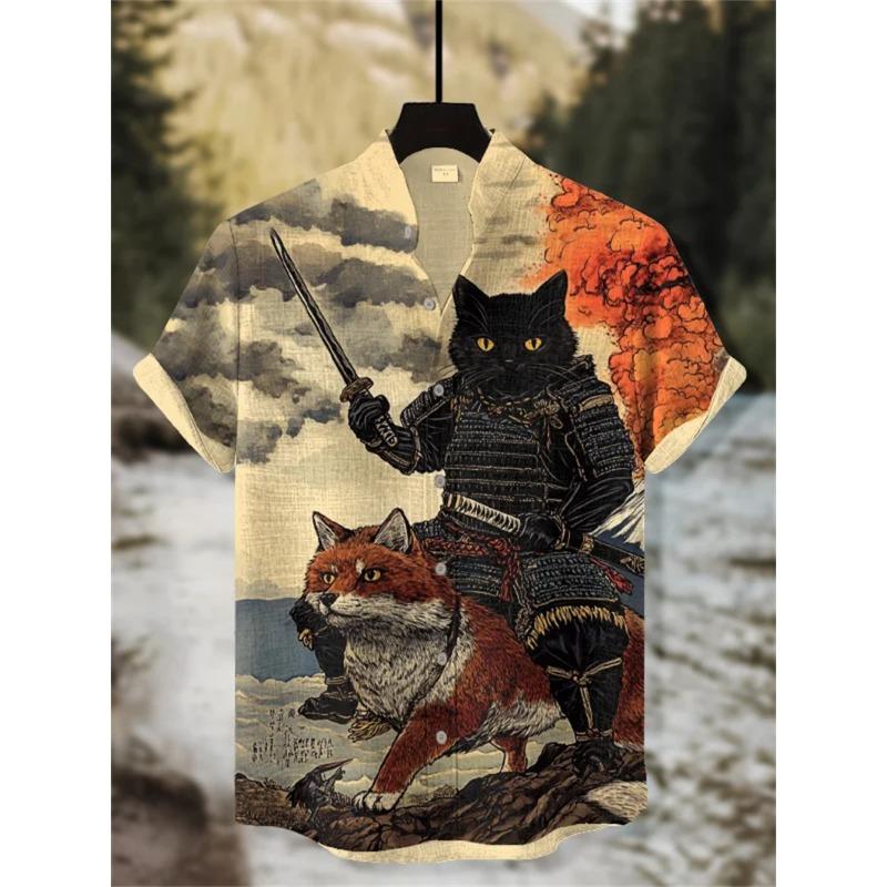 Men's Warrior Cat Art Linen Shirt Blossom Print Casual Hawaiian Shirt Summer Short Sleeved Shirt Top