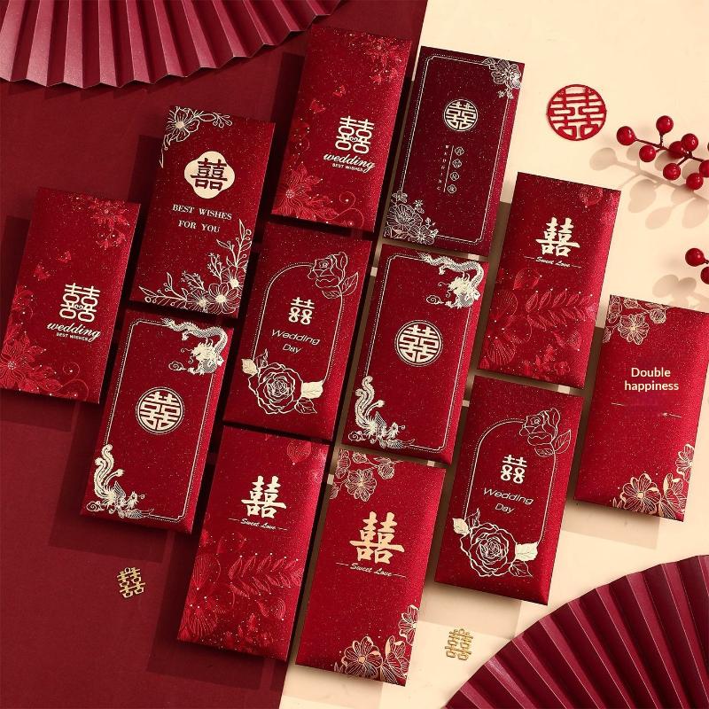 6pcs Wedding Kawaii Red Envelopes with Adorable Design for Marriage Gifts