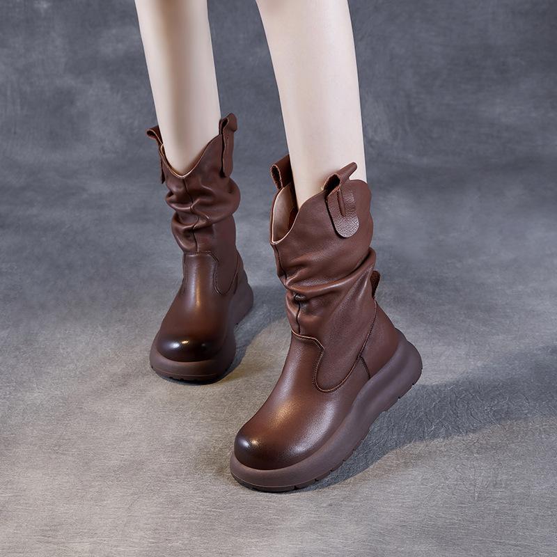 Mid-calf Leather Boots with Pleats, Stylish Women's New Shoes, Fashionable Boots