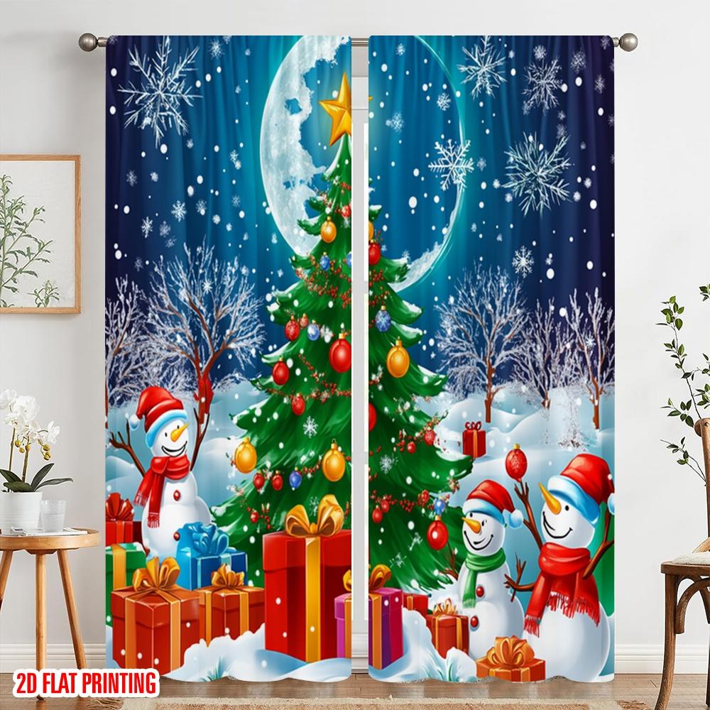 2pcs,2D plane printing Creative Curtains Cute Snowmen Christmas Trees (3) Durable 100% Polyester Fabric (without rod)