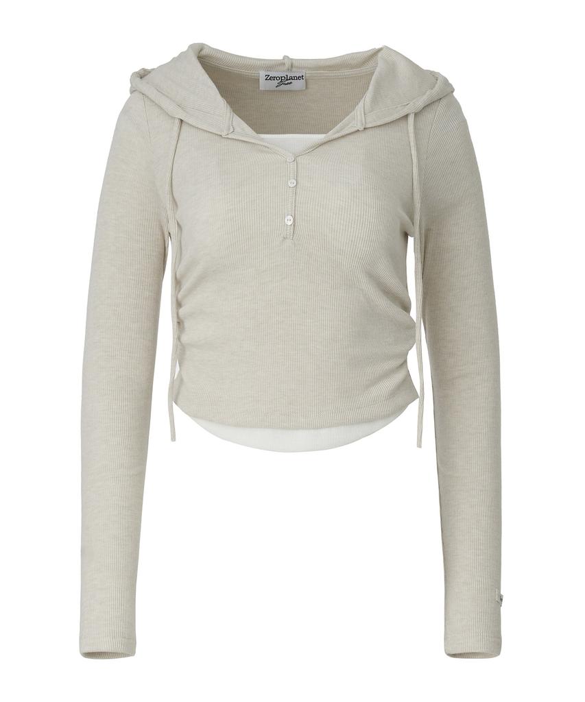 Eva Button Layered Knit Hoodie [Oatmeal]