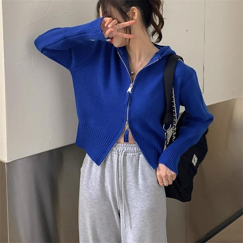 Autumn and winter new women's clothing small cardigan short double zipper jacket women's knitted sweater hooded sweater women