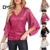 Women Top Shiny Sequin Hollow Out Three Quarter Horn Sleeve Solid Color V Neck Loose Pullover Soft Breathable Lady Commute Prom Blouse