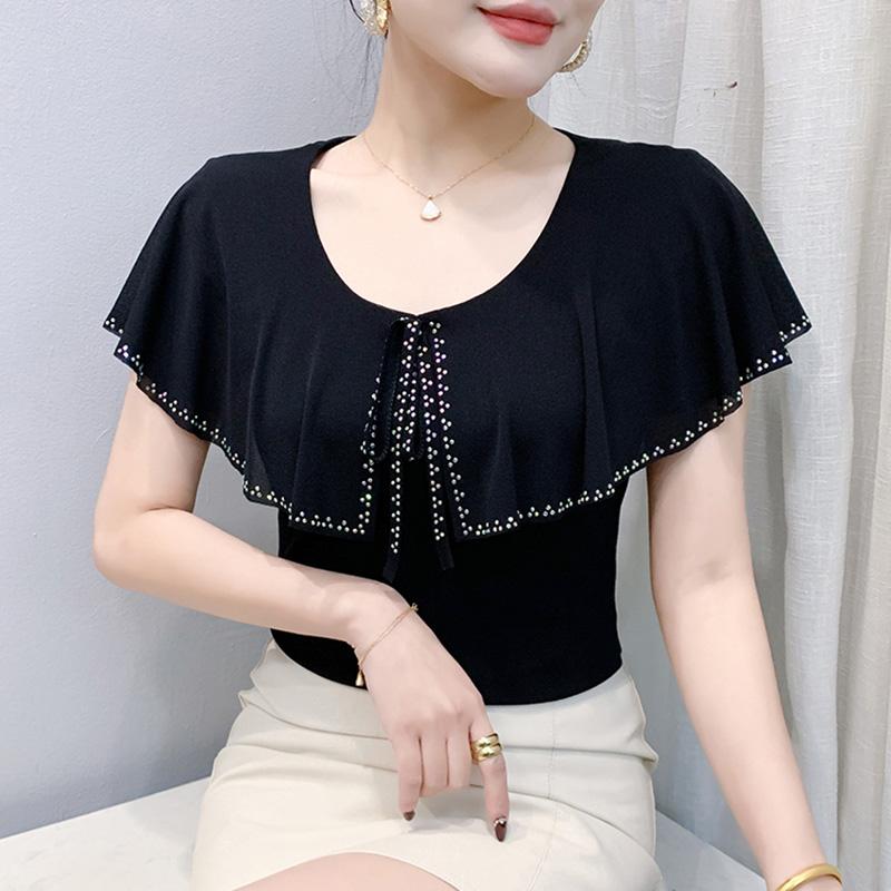

Summer Short Sleeved Women s T Shirt Elegant Slim O Neck Diamond Ruffles Mesh Tee Solid Color XS чорний