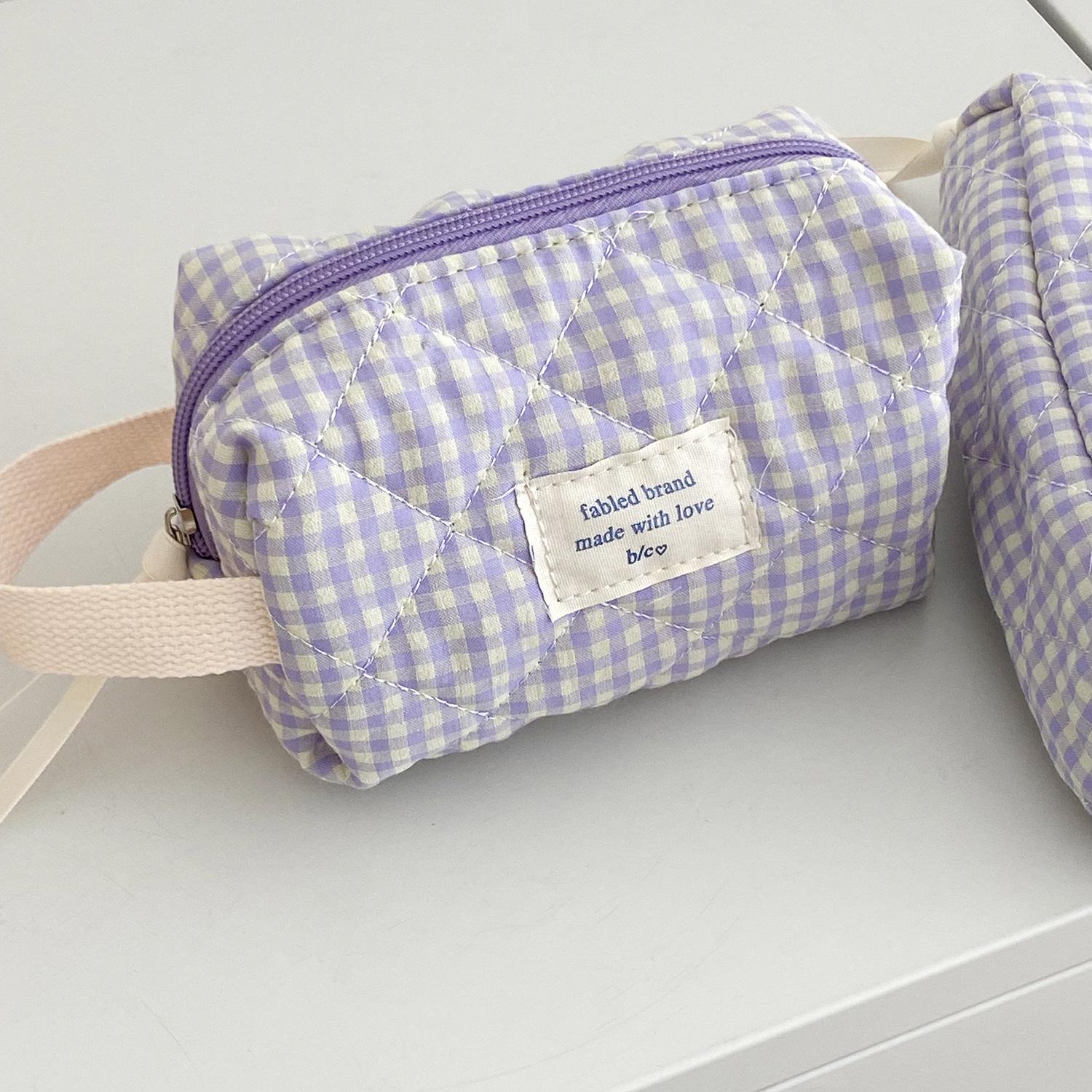 Berry Plaid Cosmetic Bag - Large Capacity Quilted Toiletry Bag for Students