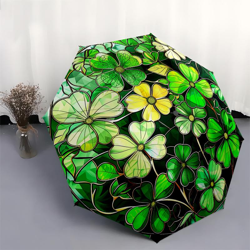 Stained Glass Shamrock Window Panel, Irish Decor for Home & Garden Umbrella, Cute Umbrella with Cute Design, Portable 3-Fold Compact Umbrella for Men
