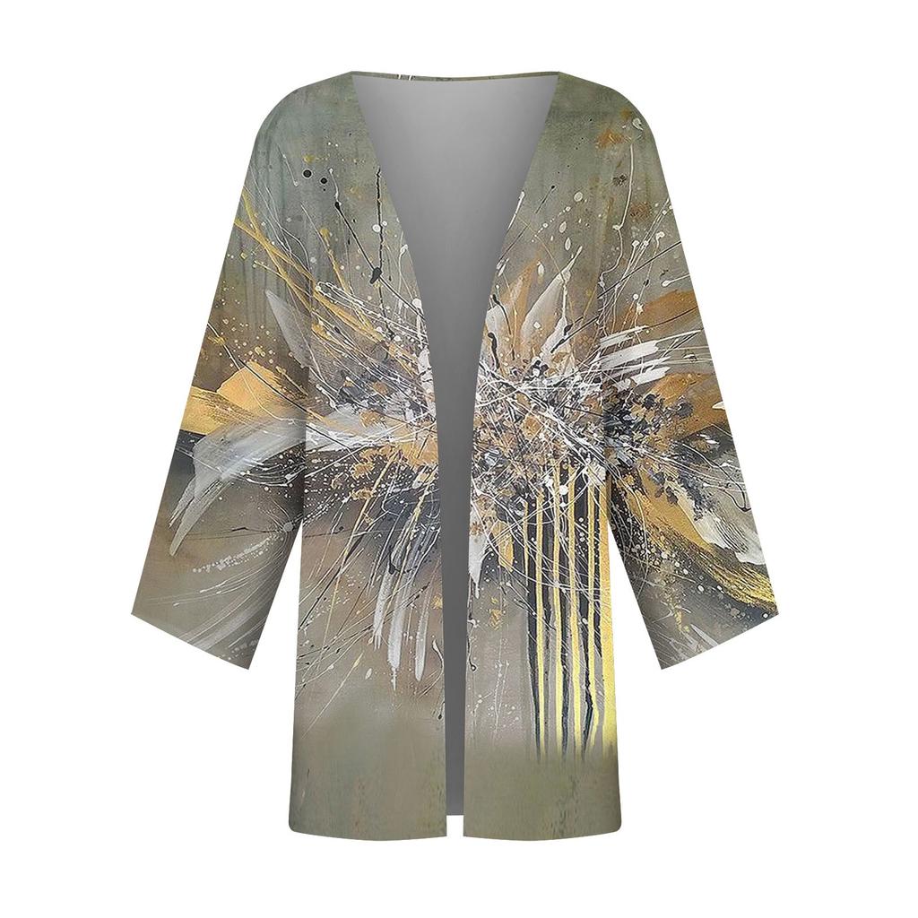 Dámská ležérní móda s retro potiskem, lehká bunda střední délky, cardigan