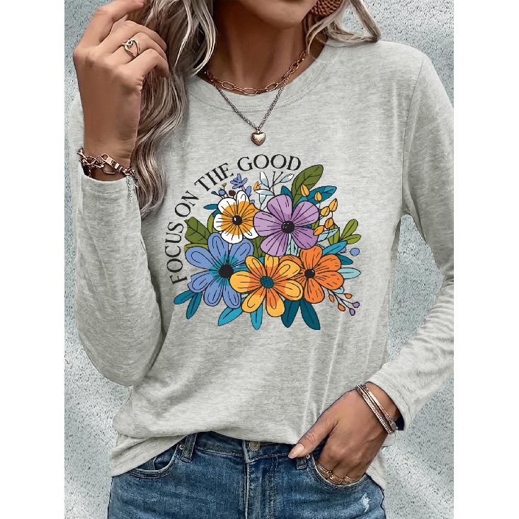 Women's Casual Sports Long Sleeve Floral Print Long Sleeve T T-shirt with Colorful Daisy and Wildflower Patterns and English Letters FOCUS ON THE