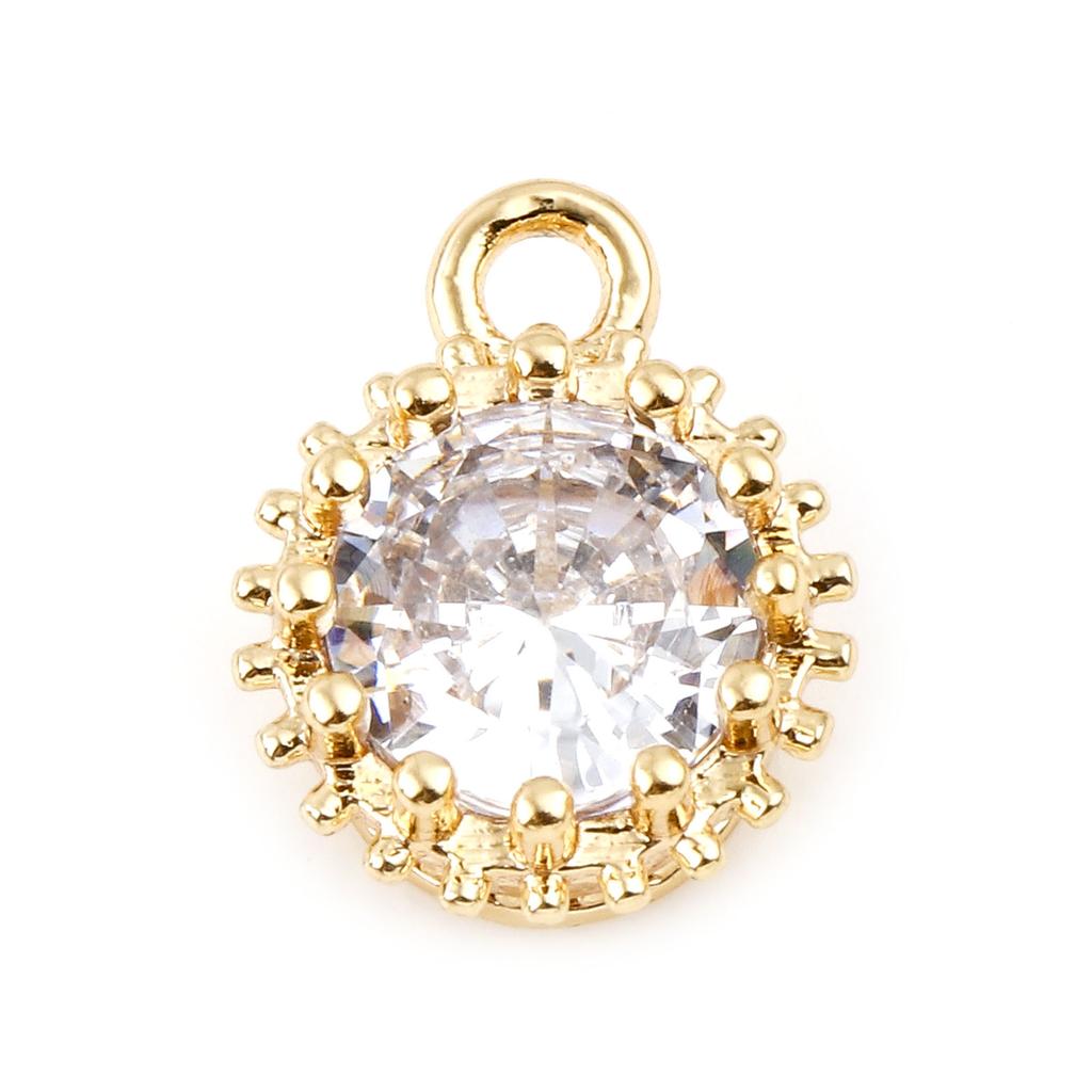 2 Piece Copper Birthstone Charms Round Multicolor Cubic Zirconia Gold Color Metal Pendants DIY Making Earrings Jewelry 9mm x 7mm