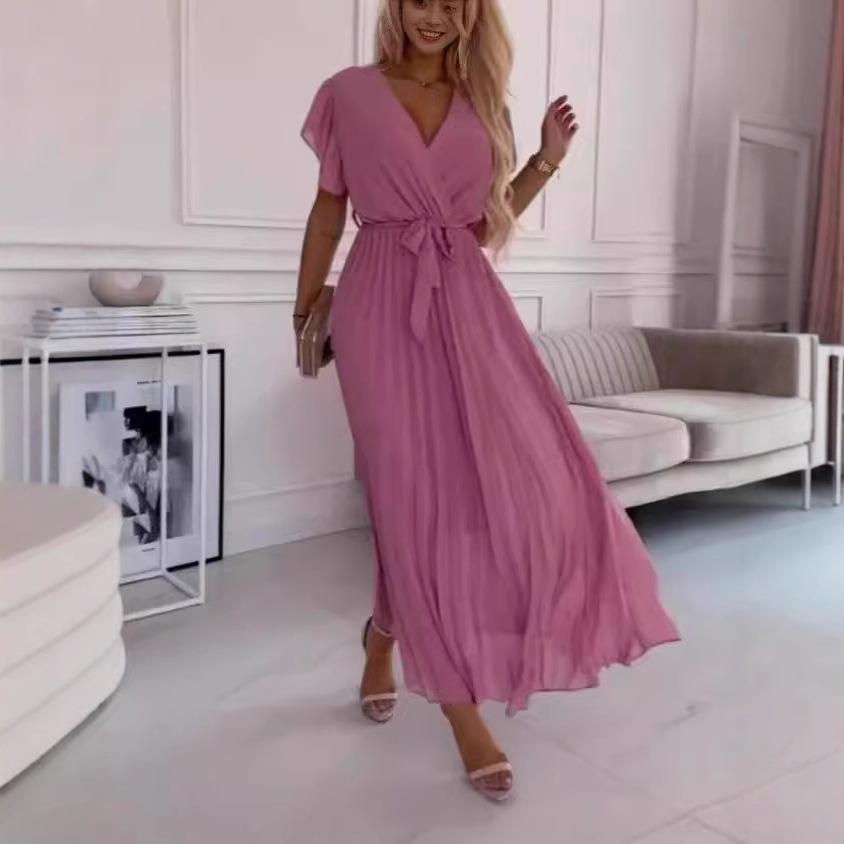 European & American Chic Beach Long Dress: Slimming Sexy Ruffle Sleeve Chiffon Pleated Skirt