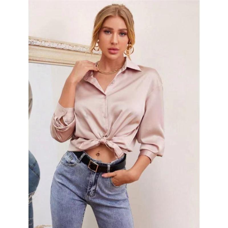 Spring Summer Satin Comfortable Casual Loose Long Sleeved Solid Color Lapel Shirt for Women Blouses & Shirts