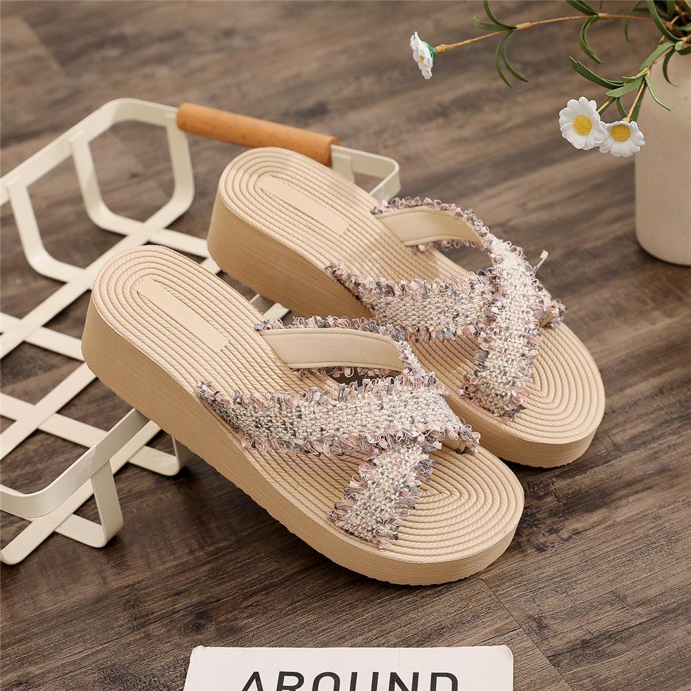 

South East Asia style women s slippers summer new cross-drag women wear thick-soled slope heel beach shoes small fragrant women s drag 41 бежевий