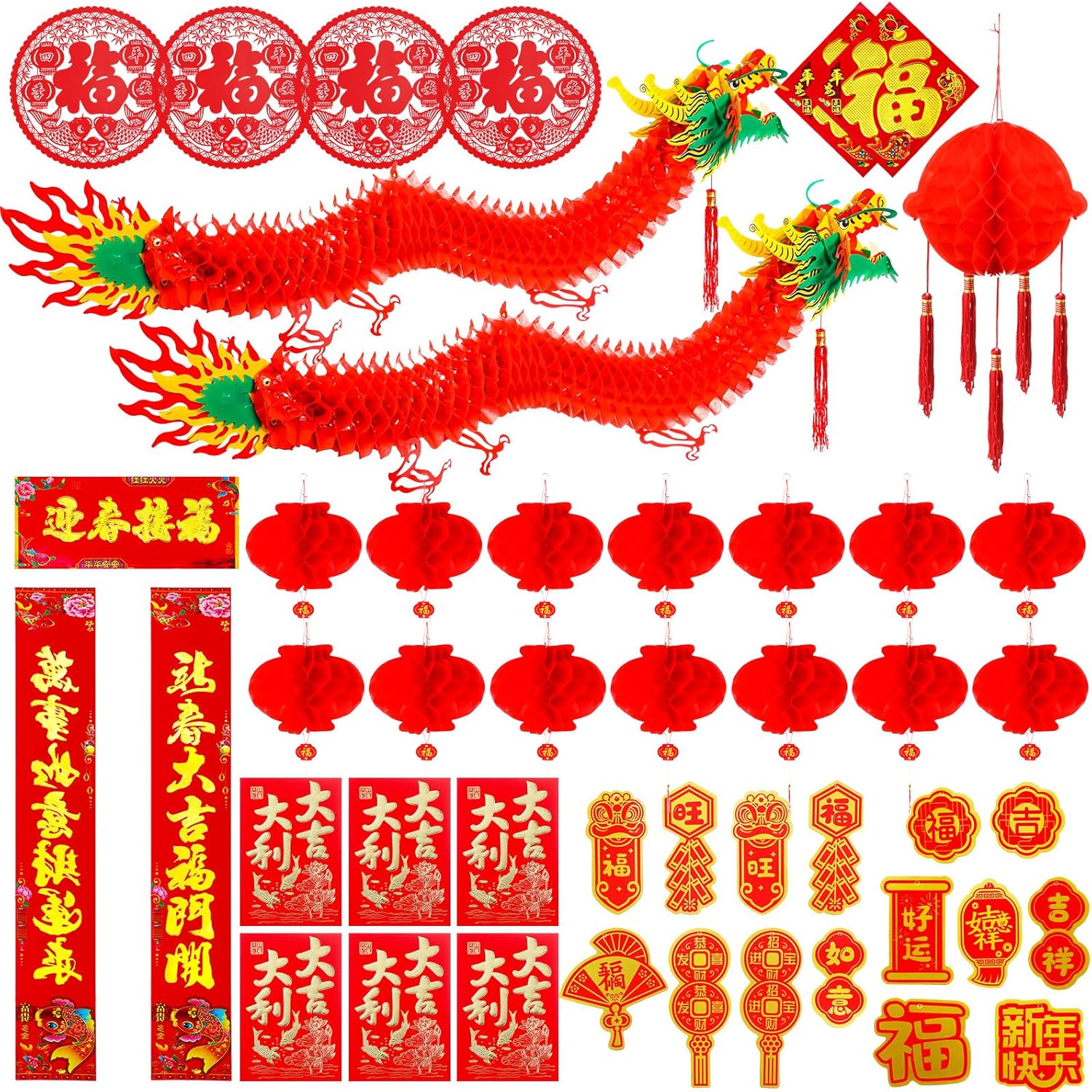 47 Pcs 2025 Chinese New Year Decoration 3D Chinese New Year Dragon with Dragon Beads Paper Red Lanterns Envelopes Hong Bao Lunar New Year Hanging