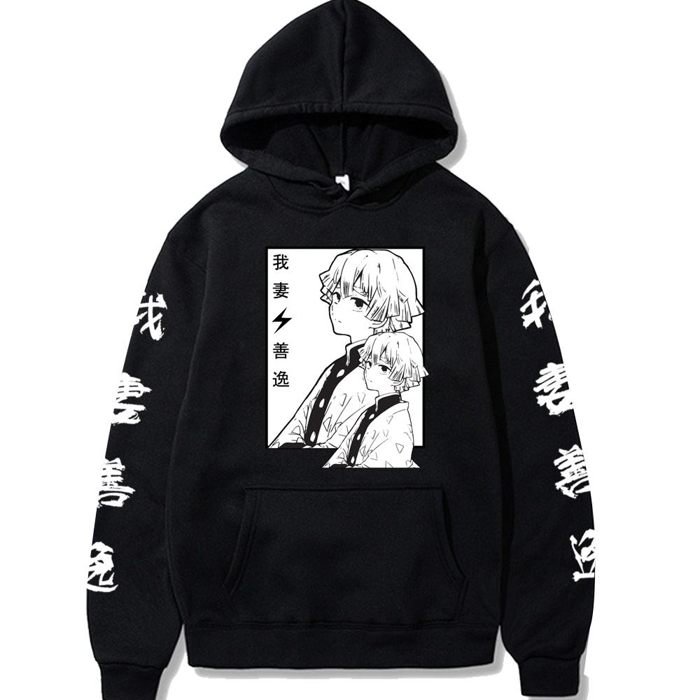 Japanese Anime Demon Slayer Agatsuma Zenitsu Print Hoodies Pullovers For Men Oversized Itself Streetwear Winter Warm Sweatshirts