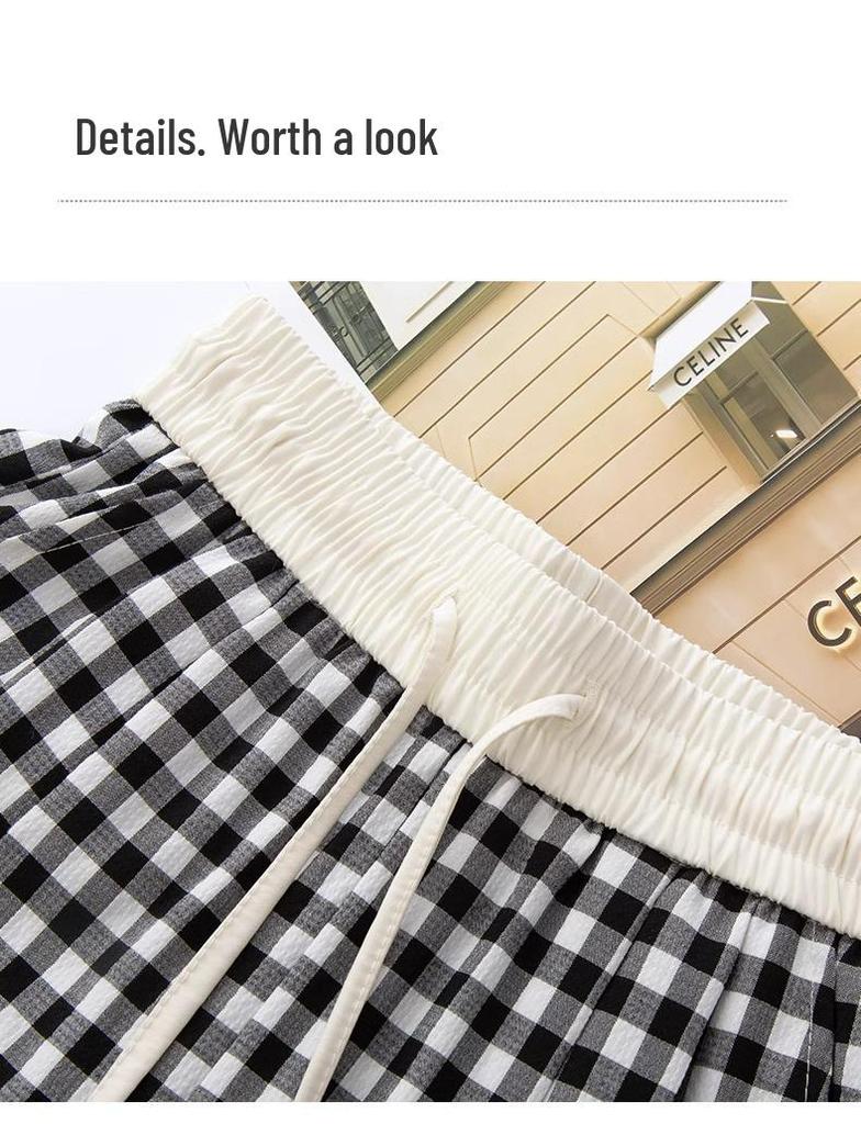 Women's 2025 Spring/Autumn Plaid Wide-Leg Drape Pants - Color Block, Elastic Waist, Versatile Straight-Leg Style.