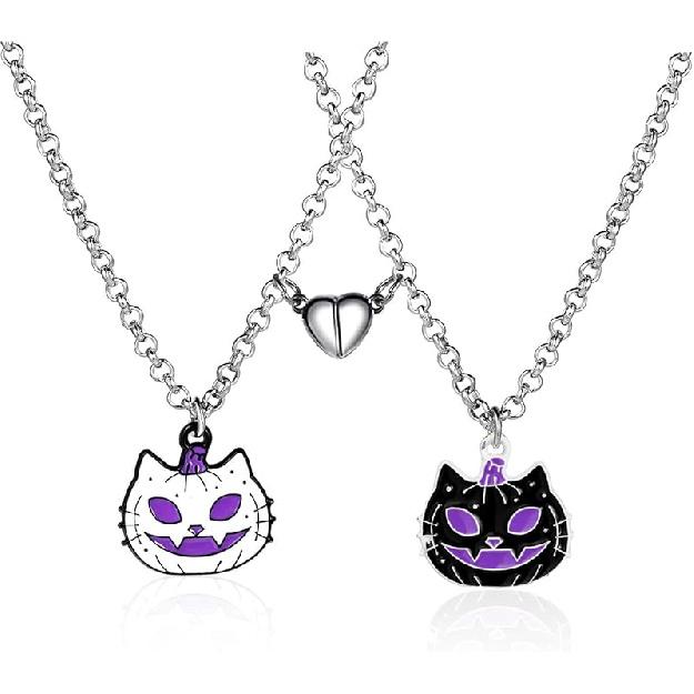 2Pcs Lovely Magnetic Love Heart Ghost Pendant Necklace Set for Women Men Best Friend Enamel Mutual Attract Magnet Couple Matching Necklace Halloween