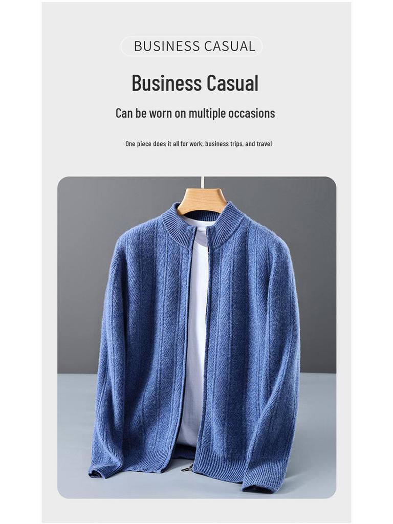 Cardigan Jacquard in 100% Lana Pura da Uomo, Collo Alto Business Casual, Chiusura con Zip, Top Versatile dalla Vestibilità Larga