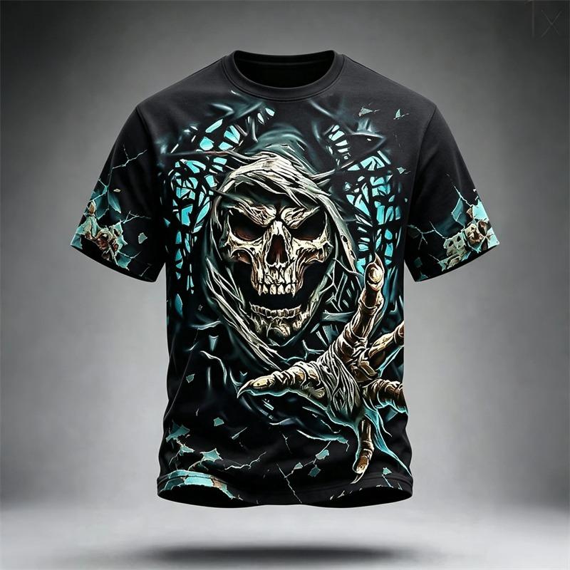 Men's Casual Round-Neck Short-Sleeve T-Shirt Trendy Men's Top with Flame and Skull Print  Shirt for Holiday Parties