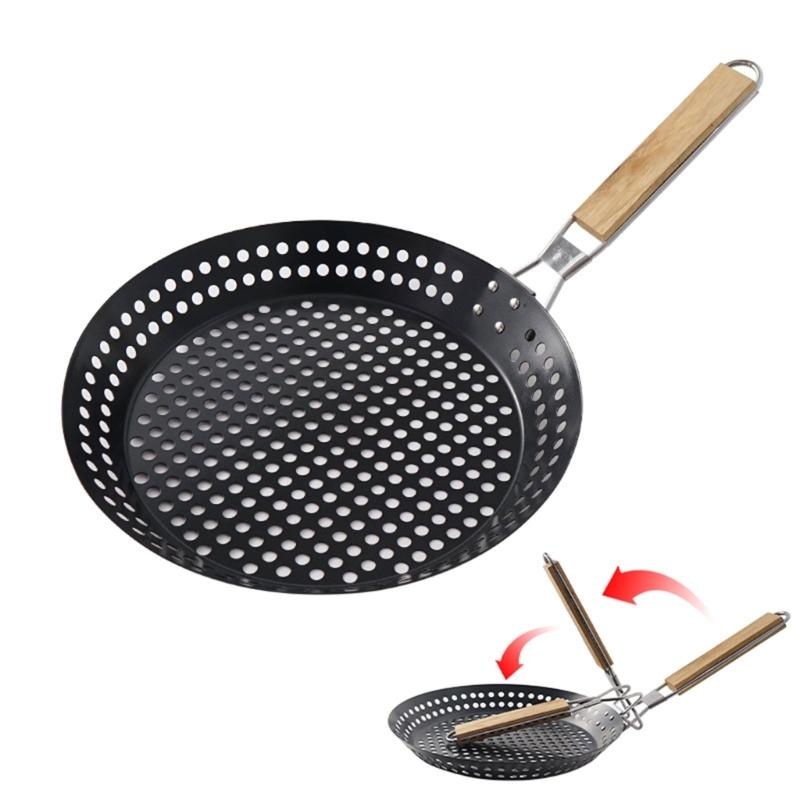 Outdoor Grill Pan for Camp Stove Meals, 12Inch Perforated Iron Pan with Folding Wooden Handle and Nonstick Surfaces