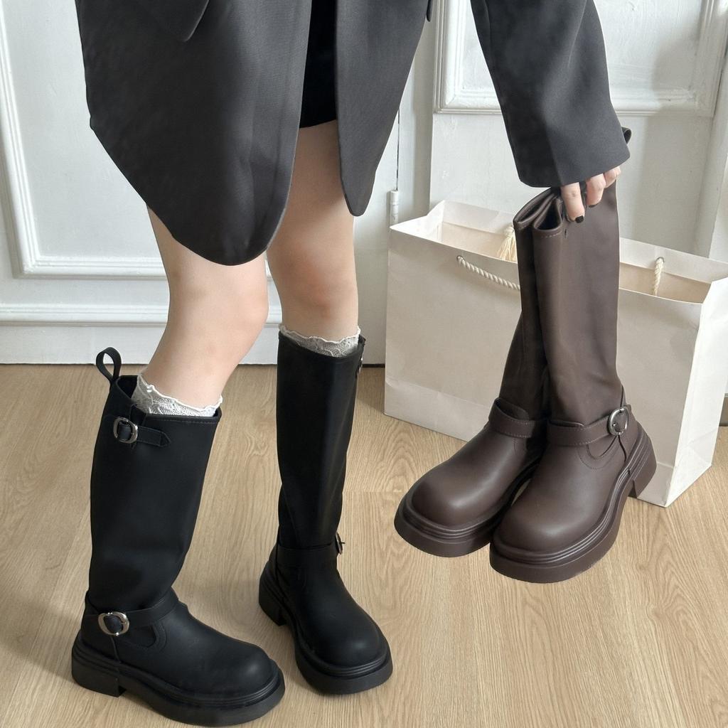 Black Belt Buckle Boots Women's 2025 New Versatile and Thin Small Man Increases Height But Knee High Knight Boots