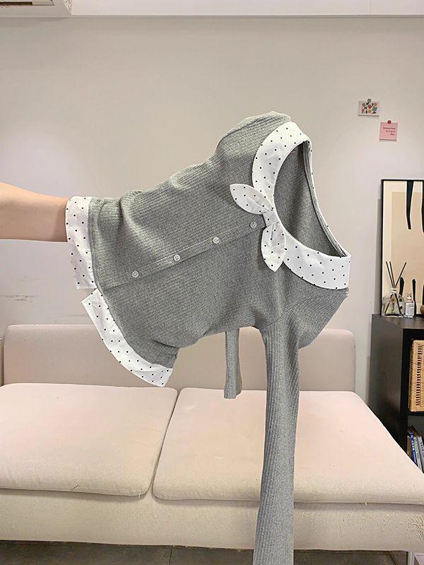 Autumn Winter Slim Spicy Girl Miu Style Gray Polka Dot U-Neck Long Sleeve Two-Piece Look T-Shirt