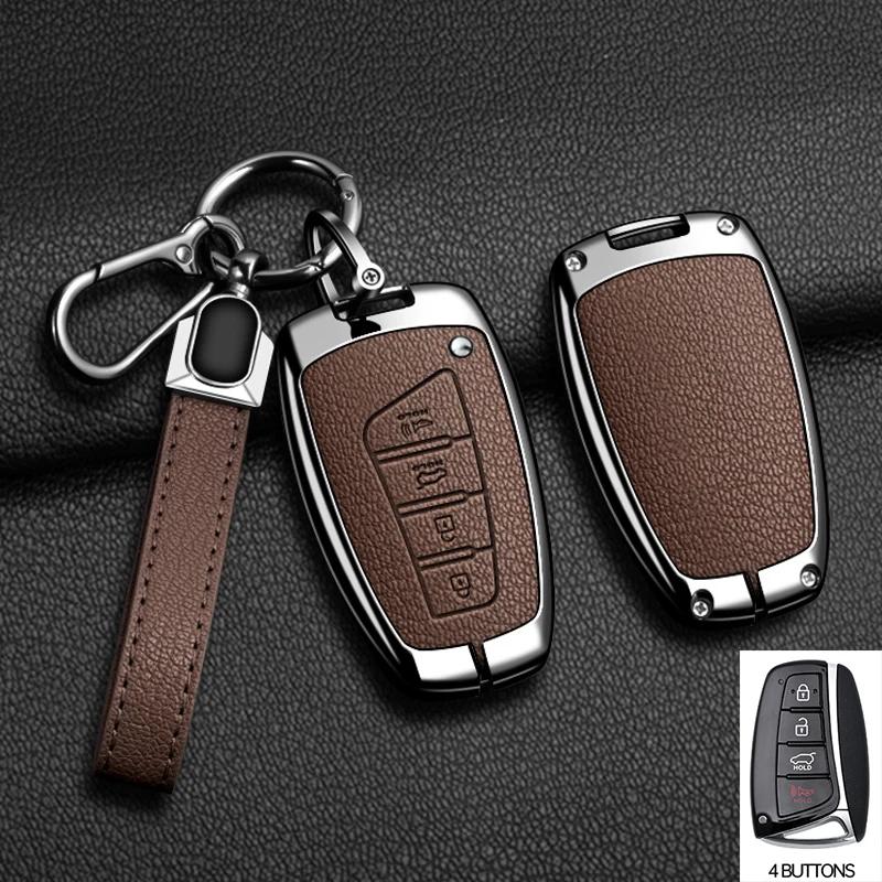 

Styling Mouldings Zinc Alloy Leather Car Key Case Cover Fob For Hyundai Grandeur HG Sedan Santa Fe 3DM Grand SantaFe 2018 IX45 E