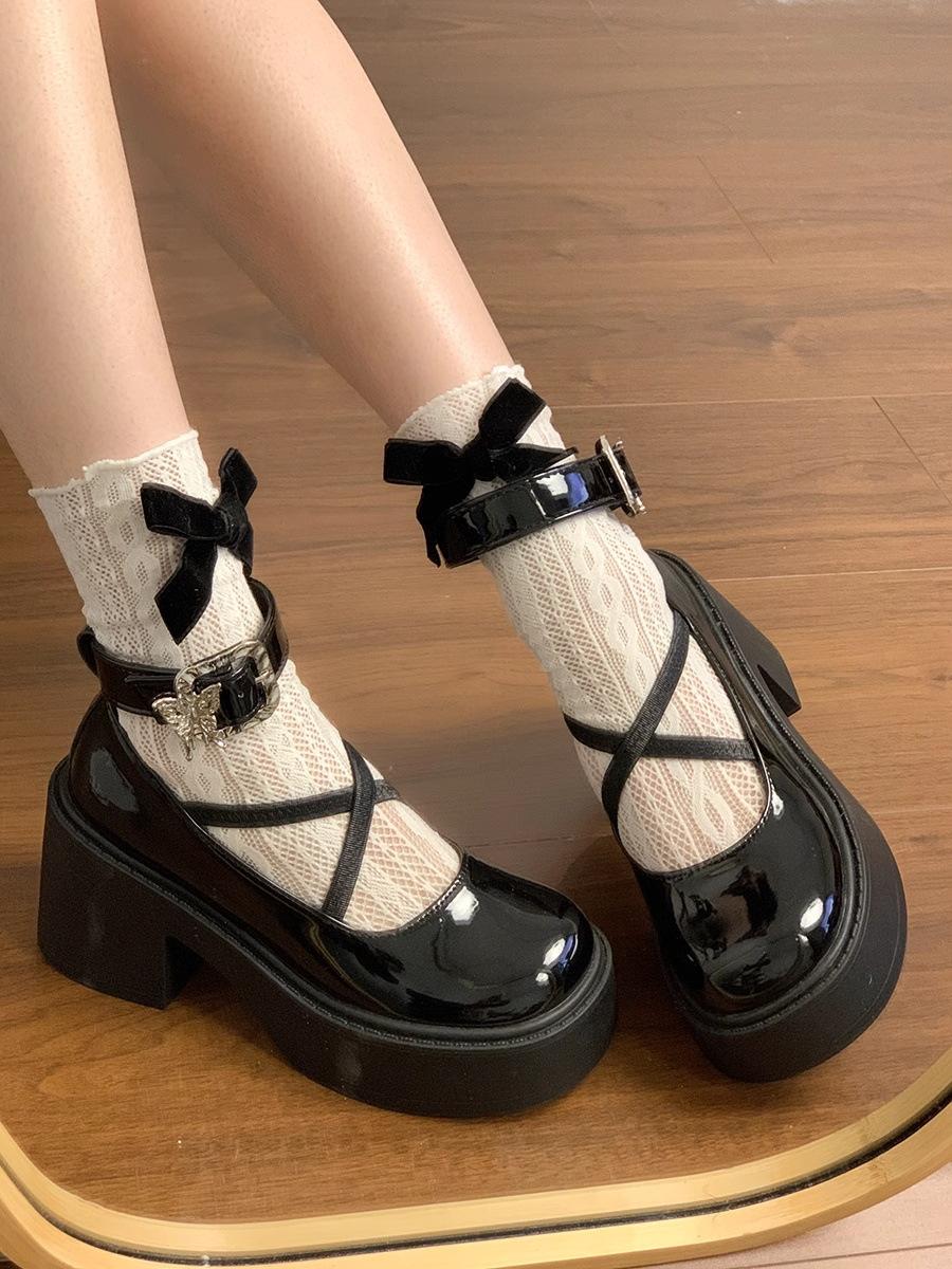 

Thick-soled Mary Jane small leather shoes women s summer one-word buckle round head retro thick heel high heel single shoes 40 чёрный