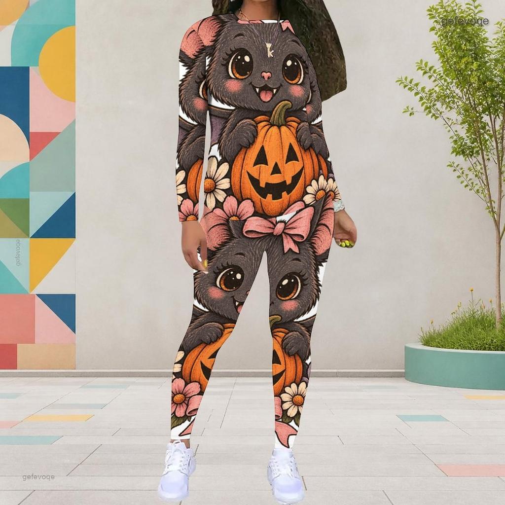 Women Plus Size Round Neck Long Sleeve Bee Pumpkin Printed Top And Fitted Pants Two Piece Set