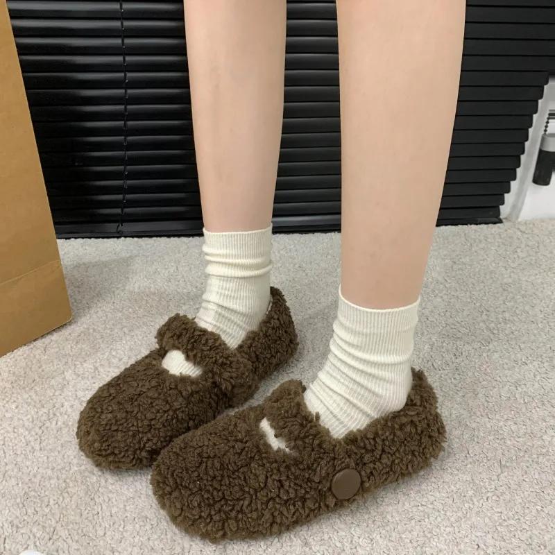 Fashion Winter New Fashion White Furry Beanie Shoes Women Wear French Style Plus Fleece Cotton Shoes Female Fairy Solid Mary Jane Shoes