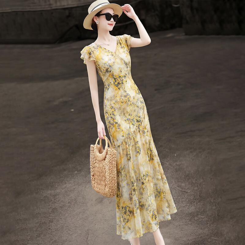 Lanser 2026 Summer Elegant Floral Ruffle Chiffon A-Line Dress 2XL