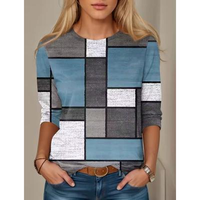 Modedesign Damen T-Shirts 3D-Druck Farbblockgrafik Langarm Rundhalsausschnitt Normale Passform Frühling/Herbst Dünner Stil Sportbekleidung