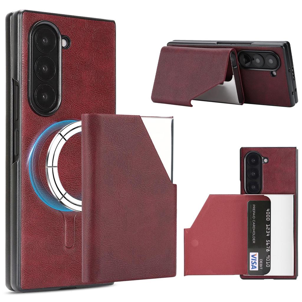 D6 Alloy Card Holder with Retro Frosted Faux Leather Case, Compatible with Samsung Galaxy Z Fold7, Magnetic Two-in-One Design