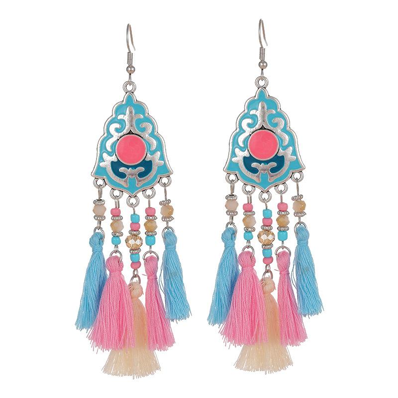 Ethnic Bohemian Tassel Earrings For Women Geometric Enamel Crystal Beads Handmade Long Vintage Female Drop Dangle Earrings Gift
