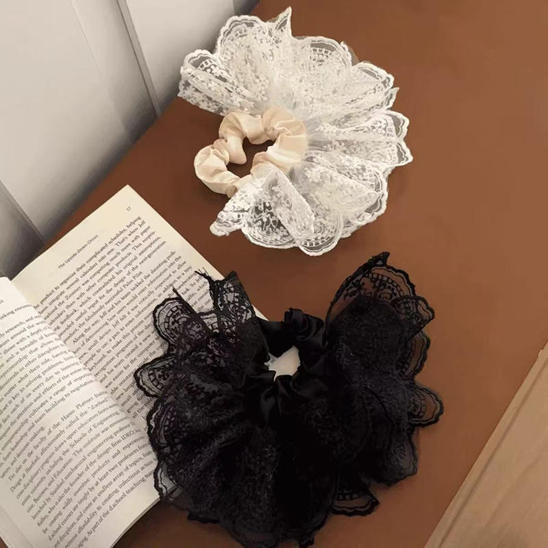 Sweet Double Layered Lace Flower Hair Scrunchies For Women Long Ribbon Bow Tie Girls Big Ruffles Bands Accessorie