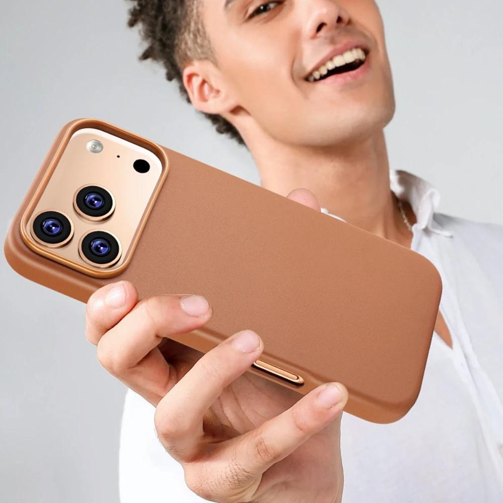 Luxury Cowhide Leather Phone Case for iPhone 17 Pro Max 17Air 17 16 Pro 15 Plus 14 13 12 Strong Magnetic Wireless Charging Cover
