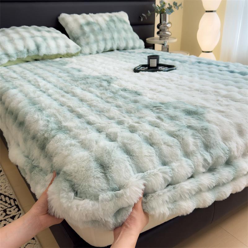 Plush Fleece-Lined Rabbit Fur Fitted Sheet Set - Double Bed, Winter Warmth, 3-Piece Mattress Protector