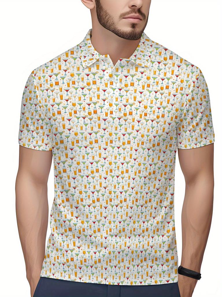 Men's Short Sleeve Polo Shirt with Flat Digital Print Pattern - No Texture