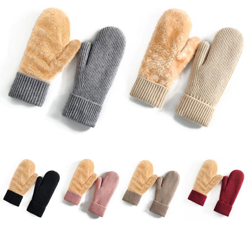 New Knitted Gloves Winter Double Layer Velvet Thickened Warm Cover Gloves Finger Gloves